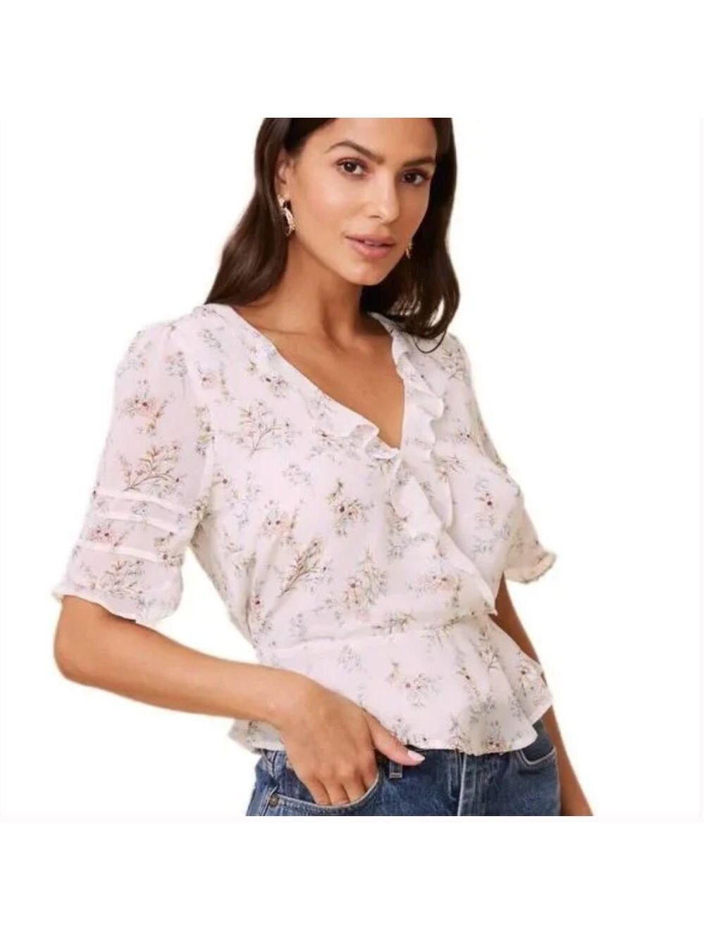 ASTR The Label Wrap Front Ruffle Floral Delicate Top White Small
